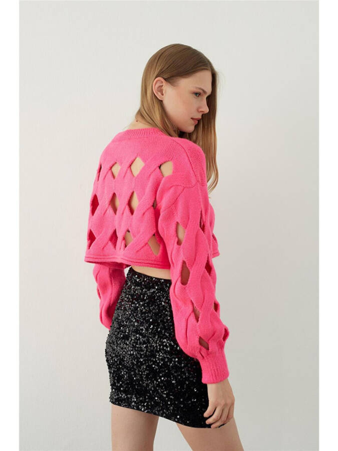 Fuchsia Oversized Holey Knit Crop Sweater - 9