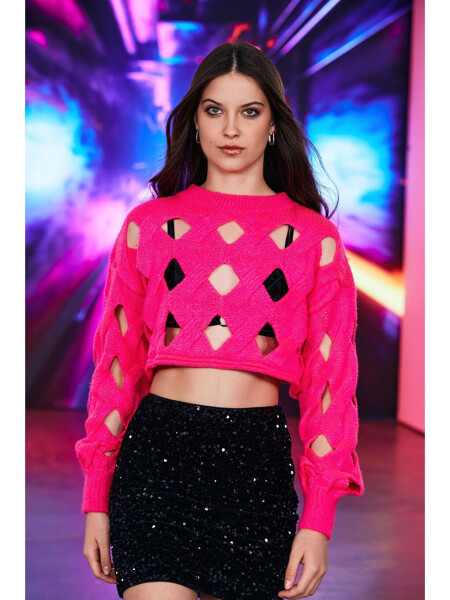 Fuchsia Oversized Holey Knit Crop Sweater - 10