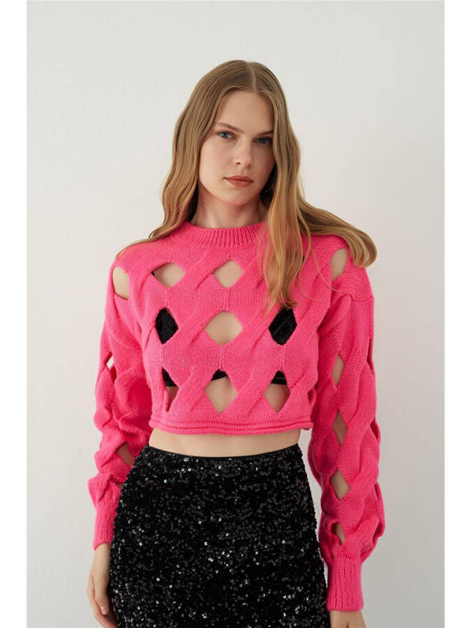 Fuchsia Oversized Holey Knit Crop Sweater - 1