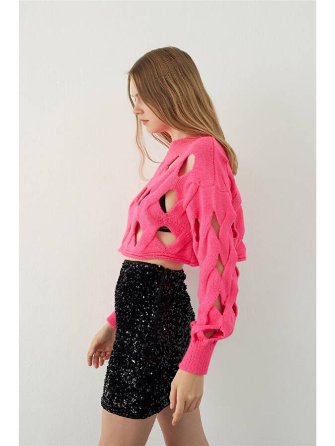 Fuchsia Oversized Holey Knit Crop Sweater - 3
