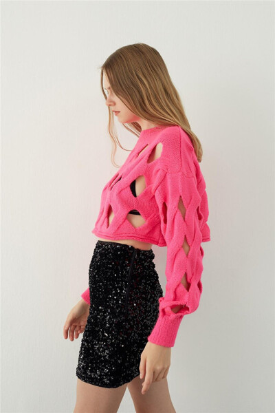 Fuchsia Oversized Holey Knit Crop Sweater - 18