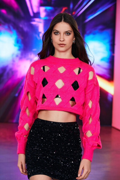 Fuchsia Oversized Holey Knit Crop Sweater - 20