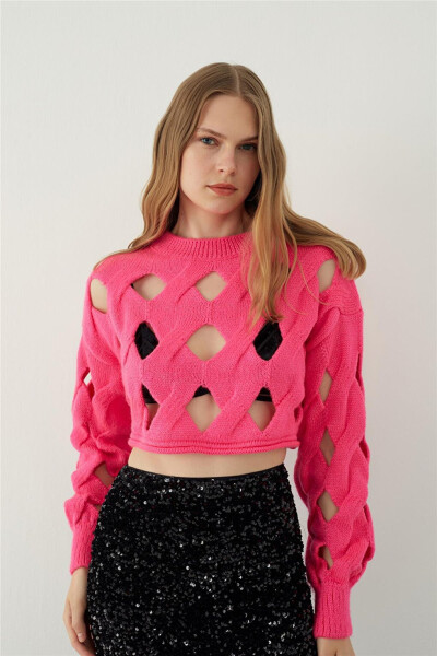 Fuchsia Oversized Holey Knit Crop Sweater - 12