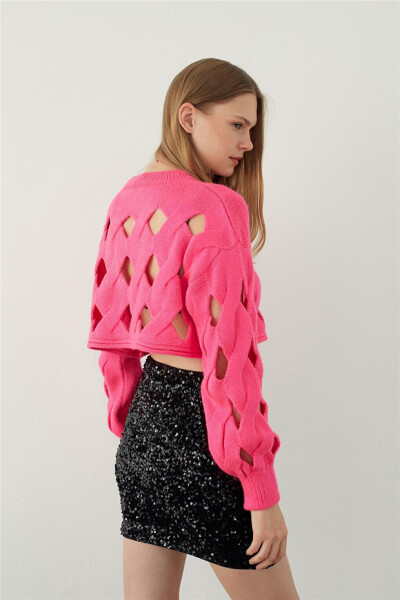 Fuchsia Oversized Holey Knit Crop Sweater - 14