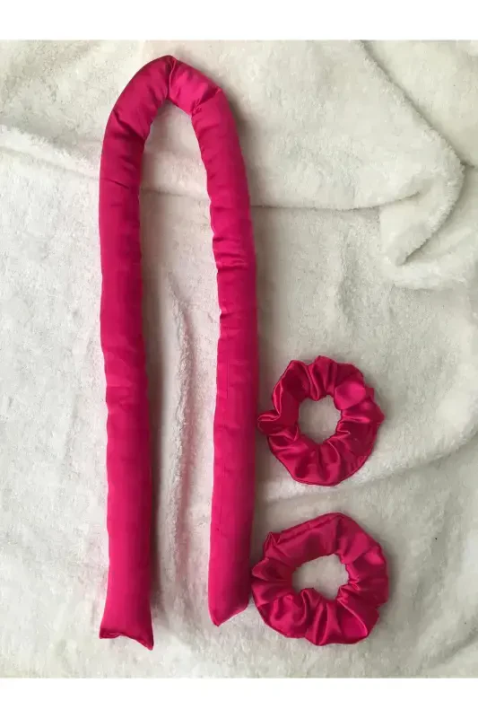 Fuchsia Pink Heatless Hair Curler Hair Sausage Satin Scrunchie Set-Fuchsia - 3
