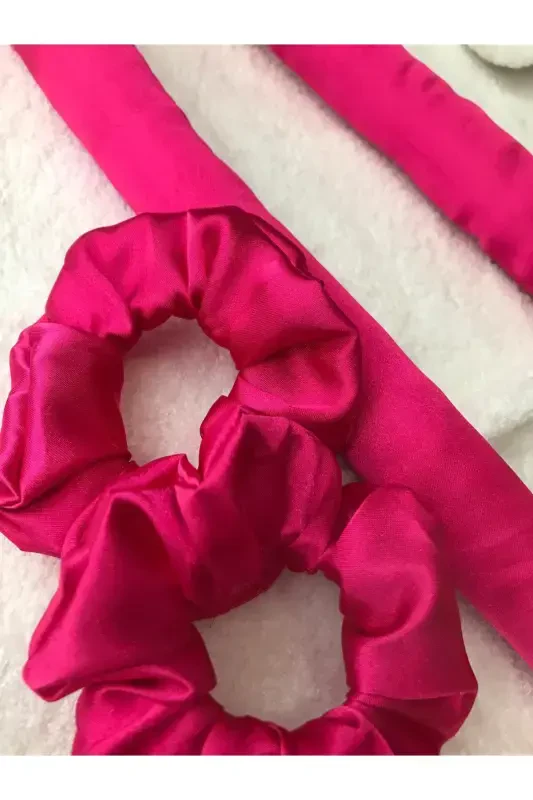 Fuchsia Pink Heatless Hair Curler Hair Sausage Satin Scrunchie Set-Fuchsia - 4