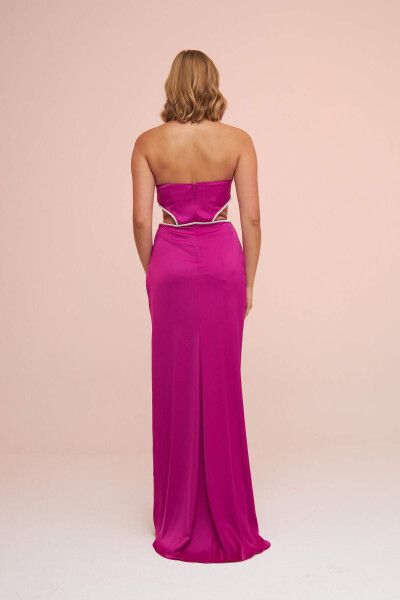 Fuchsia Satin Strapless Side Slit Long Evening Dress - 9