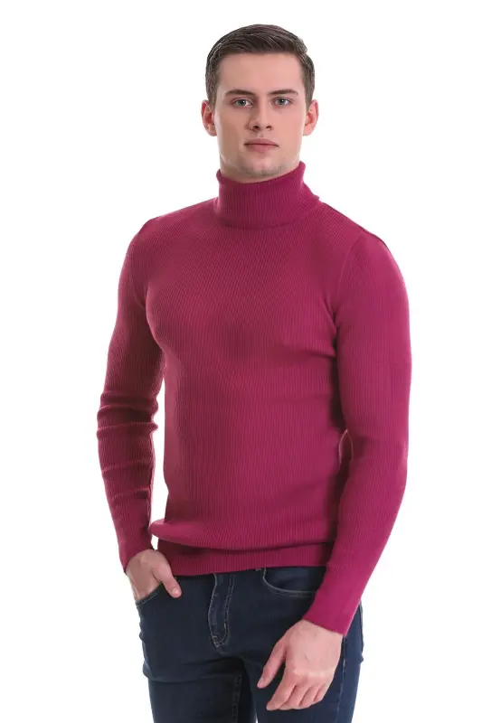 Fuchsia Slim Fit Ribbed Turtleneck Wool Knit Sweater - Fuchsia - 1