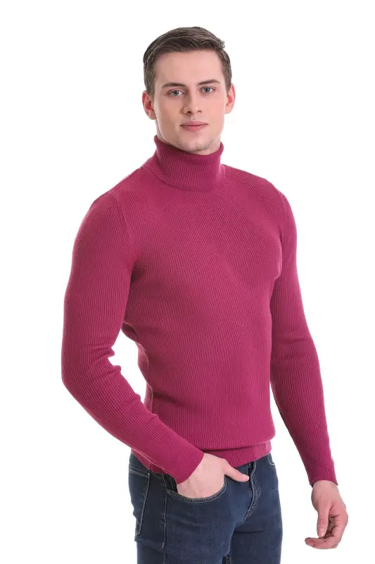 Fuchsia Slim Fit Ribbed Turtleneck Wool Knitwear - 3