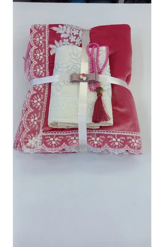 Fuchsia Velvet Prayer Rug Bundle Set-fuchsia - 1