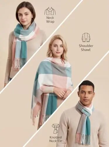 Fuinloth Kadın Büyük Ekose Eşarp Moda Uzun Şal Kışlık Sıcak Hafif - 3
