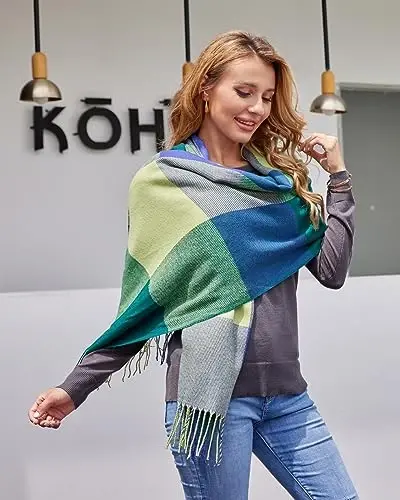 Fuinloth Women's Large Plaid Scarf Fashion Long Shawl Wrap for Winter Warm Lightweight - 5