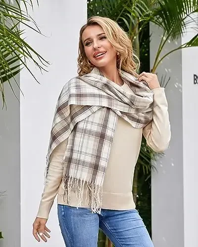 Fuinloth Women's Large Plaid Scarf Fashion Long Shawl Wrap for Winter Warm Lightweight - 6
