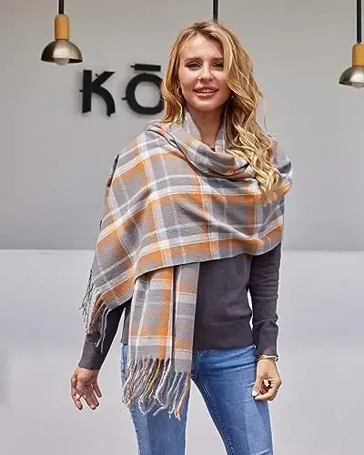 Fuinloth Women's Large Plaid Scarf Fashion Long Shawl Wrap for Winter Warm Lightweight - 6