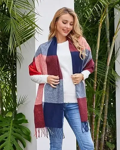 Fuinloth Women's Large Plaid Scarf Fashion Long Shawl Wrap for Winter Warm Lightweight - 5