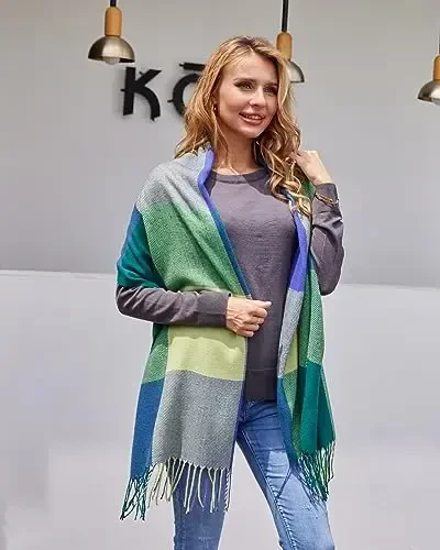 Fuinloth Women's Large Plaid Scarf Fashion Long Shawl Wrap for Winter Warm Lightweight - 6