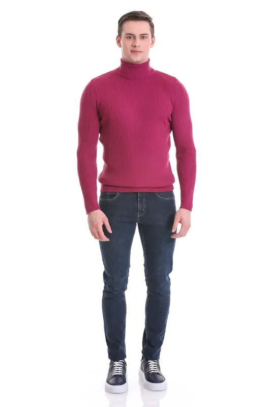 Fuksiya Slim Fit Qovurgali Baliqchi Yoqa Junli Triko Kazak - Fuksiya - 2