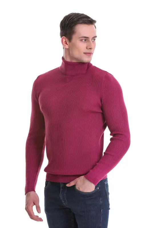 Fuksiya Slim Fit Qovurgali Baliqchi Yoqa Junli Triko Kazak - Fuksiya - 4