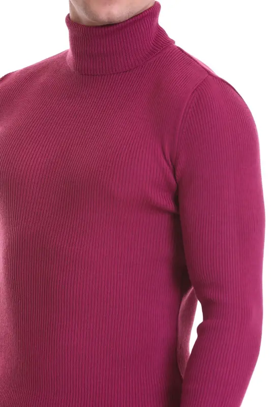 Fuksiya Slim Fit Qovurgali Baliqchi Yoqa Junli Triko Kazak - Fuksiya - 5