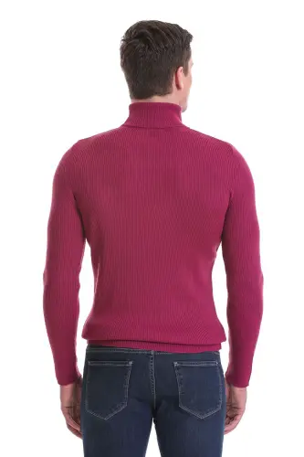 Fuksiya Slim Fit Qovurgali Baliqchi Yoqa Junli Triko Kazak - Fuksiya - 6