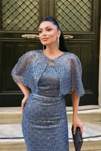 Ful Boncuklu Kumaş Bolero Detaylı Kalem Elbise - İNDİGO MAVİ - 3