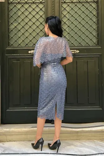 Ful Boncuklu Kumaş Bolero Detaylı Kalem Elbise - İNDİGO MAVİ - 5
