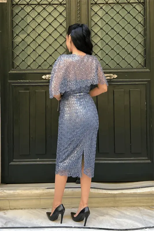 Ful Boncuklu Kumaş Bolero Detaylı Kalem Elbise - İNDİGO MAVİ - 5