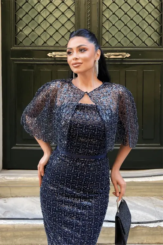 Ful Boncuklu Kumaş Bolero Detaylı Kalem Elbise - LACİVERT - 3