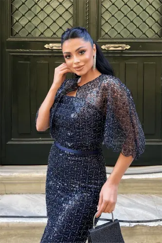 Ful Boncuklu Kumaş Bolero Detaylı Kalem Elbise - LACİVERT - 4