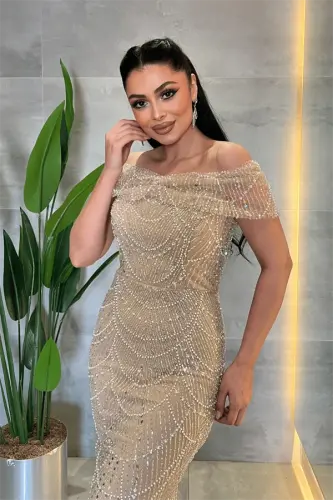 Ful Boncuklu Kumaş Kayık Yaka Abiye Elbise - BEJ - 3