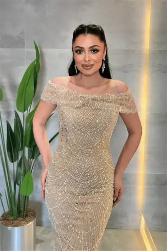 Ful Boncuklu Kumaş Kayık Yaka Abiye Elbise - BEJ - 4