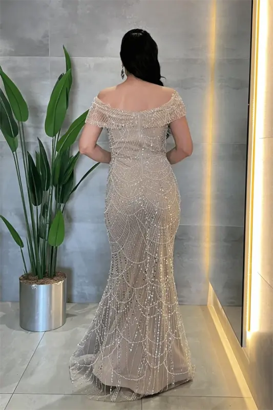 Ful Boncuklu Kumaş Kayık Yaka Abiye Elbise - BEJ - 5