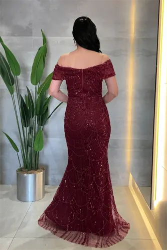 Ful Boncuklu Kumaş Kayık Yaka Abiye Elbise - BORDO - 5
