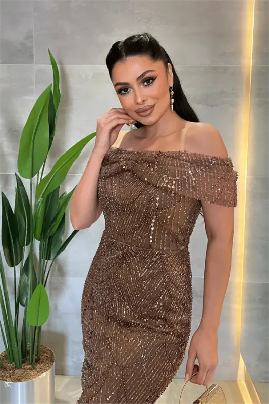 Ful Boncuklu Kumaş Kayık Yaka Abiye Elbise - KAHVERENGİ - 4