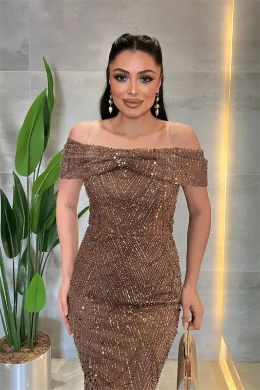Ful Boncuklu Kumaş Kayık Yaka Abiye Elbise - KAHVERENGİ - 3