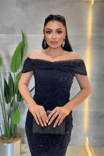 Ful Boncuklu Kumaş Kayık Yaka Abiye Elbise - LACİVERT - 3