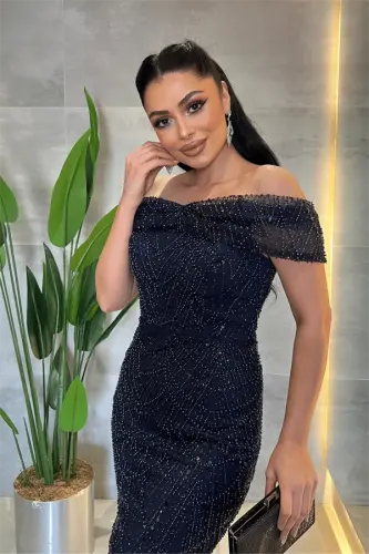 Ful Boncuklu Kumaş Kayık Yaka Abiye Elbise - LACİVERT - 4