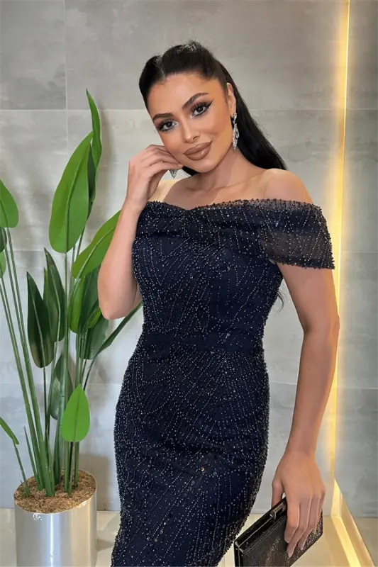 Ful Boncuklu Kumaş Kayık Yaka Abiye Elbise - LACİVERT - 4