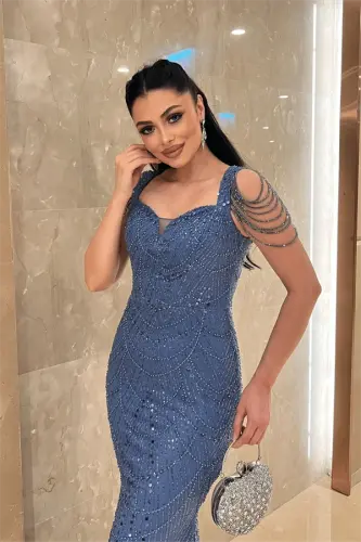 Ful Boncuklu Kumaş Omuz Detaylı Abiye Elbise - İNDİGO MAVİ - 3