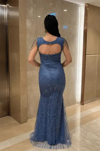 Ful Boncuklu Kumaş Omuz Detaylı Abiye Elbise - İNDİGO MAVİ - 5