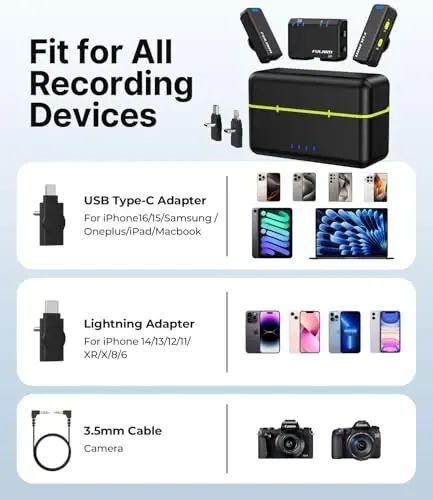 FULAIM Wireless Lavalier Microphone System, Lavalier Lapel Mic with 54H Battery Life Charging Case for DSLR Cameras/iPhone/Android/Live Streaming - 4