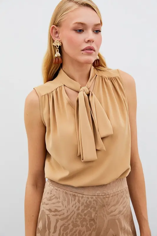 Fularlı Kolsuz Bluz - Camel - CAMEL - 1