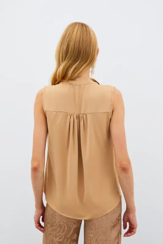 Fularlı Kolsuz Bluz - Camel - CAMEL - 4