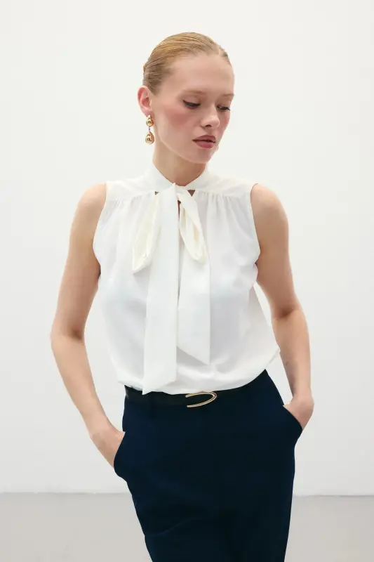 Fularlı Kolsuz Bluz - Ekru-EKRU - SATEEN