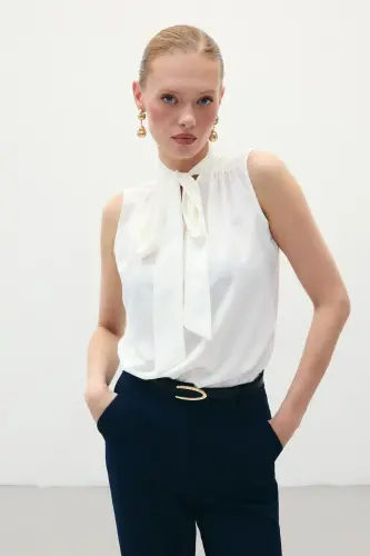 Fularlı Kolsuz Bluz - Ekru-EKRU - SATEEN (1)