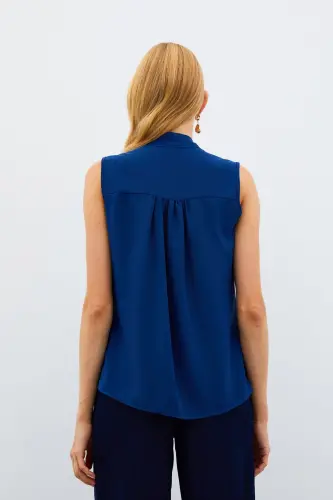 Fularlı Kolsuz Bluz - LACİVERT-LACİVERT - 4