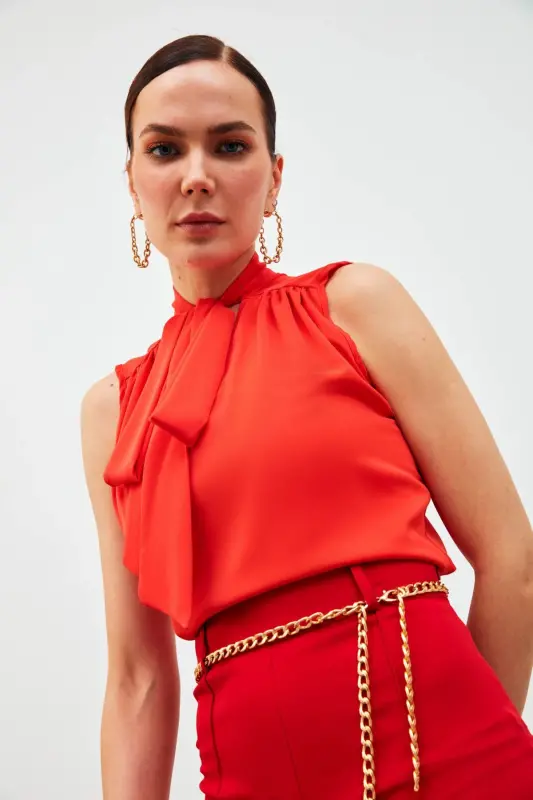 Fularlı Kolsuz Bluz - Mercan-MERCAN - 2