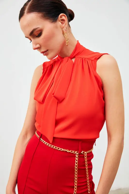 Fularlı Kolsuz Bluz - Mercan-MERCAN - 3