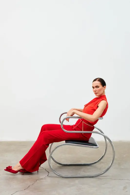 Fularlı Kolsuz Bluz - Mercan-MERCAN - 4