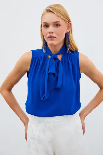Fularlı Kolsuz Bluz - Sax Mavi-SAX MAVİ - SATEEN (1)